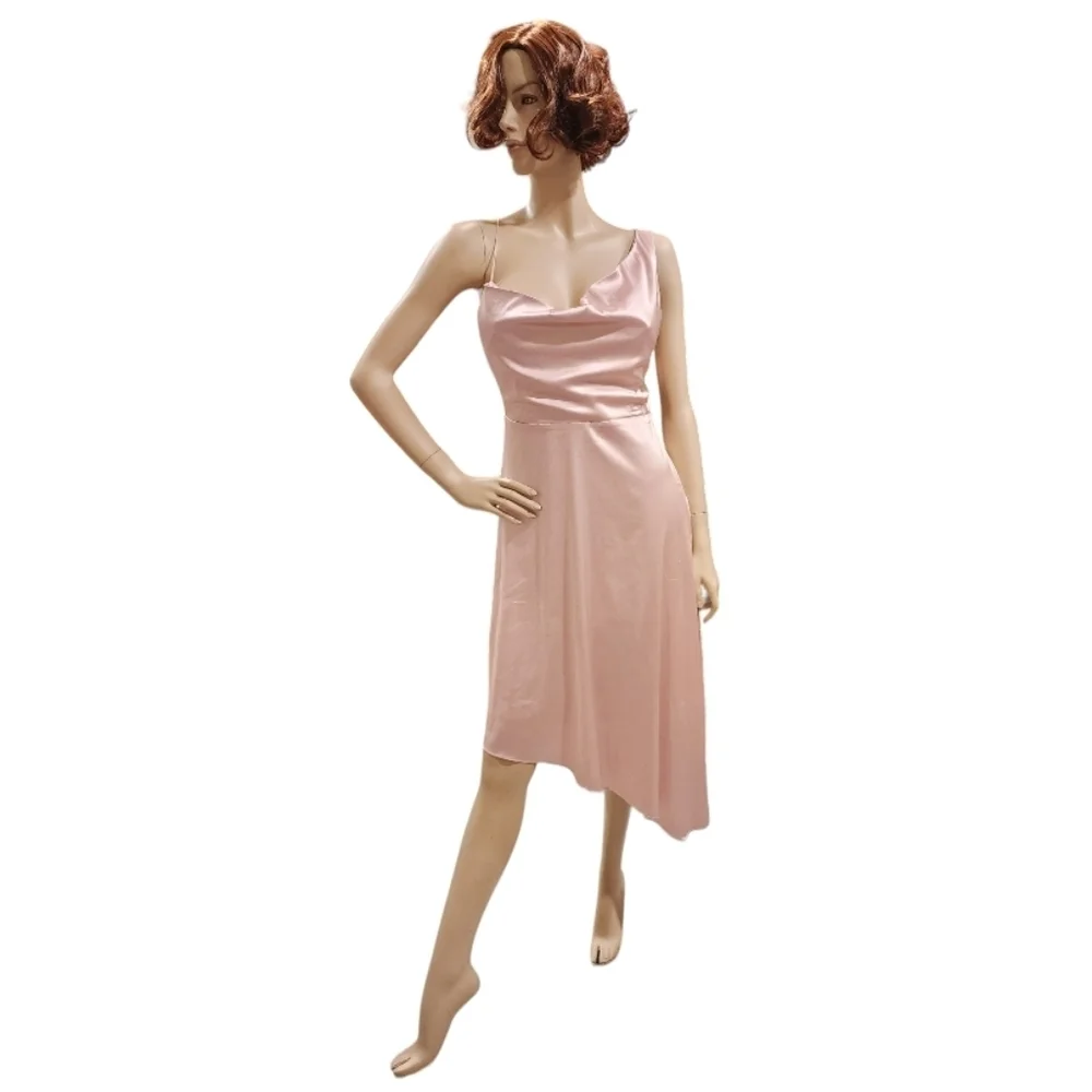 Lulu's Sereno Mauve Pink Satin Cowl Neck Asymmetrical Midi Dress, Size Medium - Picture 6 of 12